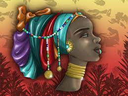 Attractive young african woman in turban looking at camera while standing against grey background. Artstation African Queen Annie Groth