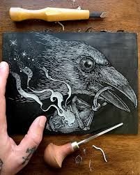 Screen printing is a printing technique where a mesh is used to transfer ink onto a substrate, except in areas made impermeable to the ink by a blocking stencil. A Star Bringer Raven Linocut That I Am Currently Carving Excited To Print It Printmaking