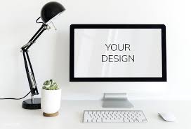 Download Premium Psd Of Computer On White Table In Workspace With Black Computer Photo Computer Computer Mockup