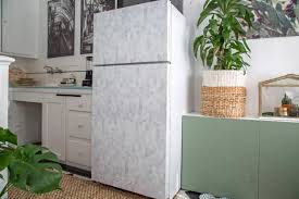 How To Cover A Refrigerator With Removable Wallpaper Rental Kitchen Fridge Makeover Refrigerator Makeover