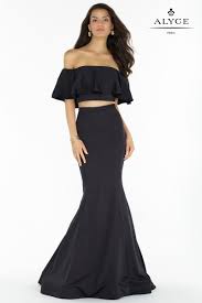 Alyce 6835 Black Off The Shoulder Ruffle Crop Top Two Piece Stretch Crepe Dress Alyce Paris Prom Dresses Prom Dress Styles Alyce Prom Dress