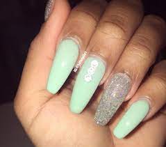 Light Green Long Coffin Gel Nails With Swarovski Crystals Silver Glitter Accent Nail Silver Glitter Nails Silver Nails White And Silver Nails