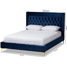 Baxton BBT6740-Navy Blue-Queen Valery Queen Platform Bed in Tufted Navy  Blue Velvet & Gold