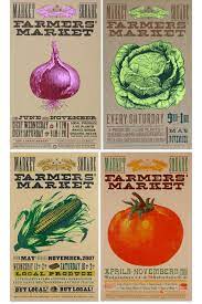 letterpress prints mimicking farmers market posters featuring a red onion lettuce corn and a tomato letterpress letterpress printing vintage western wear