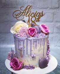 Rose Gold 18th Birthday Drip Cake Purple Drip Cake With Flowers Macarons And Gold Leaf Purple Cakes Birthday Drip Cakes 18th Birthday Cake