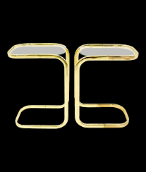 Dripping silver metal end/side table with smoked glass top. Milo Baughman Style Brass And Glass Side End Tables