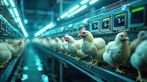 Row of white chickens standing in a hightech poultry farm under fluorescent  lighting surrounded by automated feeding systems | Premium AI-generated  image