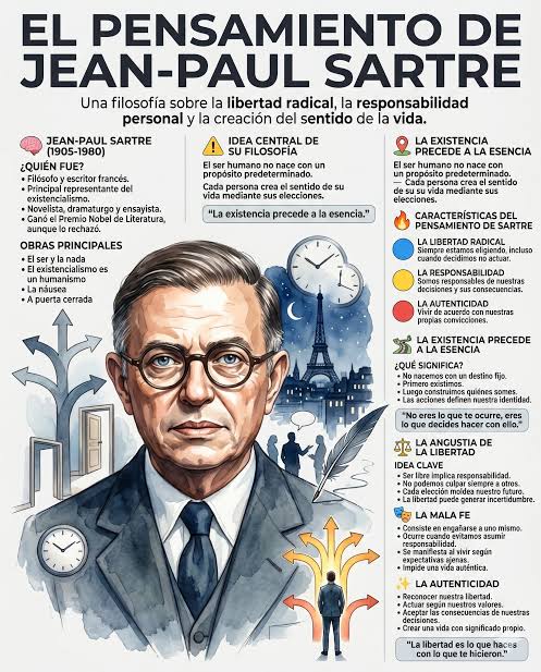 📖 ¿QUÉ APRENDEREMOS HOY? — SARTRE Y EL PESO DE LA LIBERTAD Jean-Paul Sartre fue uno de los filósofos más influyentes del siglo XX y el principal representante del existencialismo. Su pensamiento