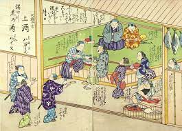 奈良時代に既に殺人事件まで起きていた 居酒屋 という場所 開化風刺錦絵 より 揚酒屋賑ひの図 無款 年代不明 居酒屋の軒下には酒の肴の 魚 が吊り下げられています 居酒屋 江戸時代 浮世絵 酒 錦絵 縄のれん 錦絵 奈良時代 殺人事件
