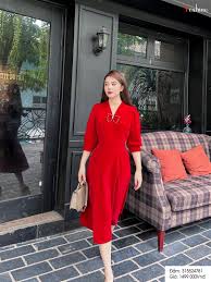 Đầm xòe nhung đỏ đun cổ V nơ cổ 315524781 - Thời Trang Công Sở Yoshino