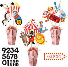 Dinner tables will be covered with elasticized elasticized plastic table covers. Amazon Com 26 Pieces Carnival Cutouts Party Supplies Circus Theme Birthday Party Favors Circus Animals Clown Performers Carnival Party Decoration Toys Games