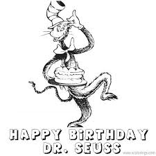 Make the funny and wise stories of dr seuss even more unforgettable to your kids by letting them choose their favorite picture to color. Happy Birthday Dr Seuss Coloring Pages Cat In The Hat Brings The Cake Xcolorings Com
