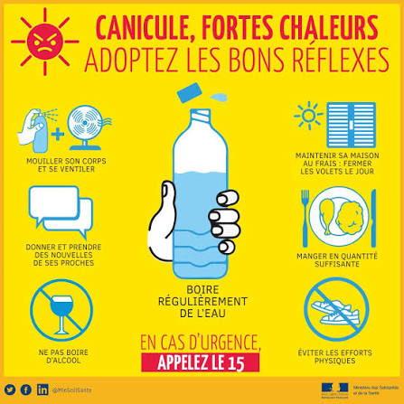 Le thermomètre affiche de fortes chaleurs depuis quelques jours ; c'est le  moment de nous rappeler les réflexes à adopter pour notre confort et notre  santé, en veillant tout particulièrement sur nos