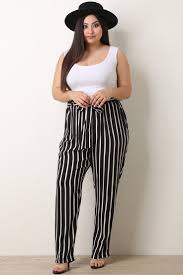 Paper Bag Waist Striped Pants Plus Size High Waisted Pants Striped Waist Sash