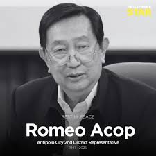REST IN PEACE, REP. ACOP 🕊️ Antipolo City 2nd District Representative  Romeo Acop passed away due to a heart attack on Saturday evening. He was 78  years old. Before entering politics, Acop