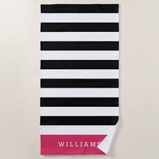 Black And White Striped Beach Towels Magenta Black White Stripe Personalized Beach Towel Zazzle Com Personalized Beach Towel Beach Towel Custom Beach Towels