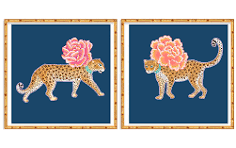Two Art Prints Chinoiserie Cheetah and Leopard with Asian Peony and Rose