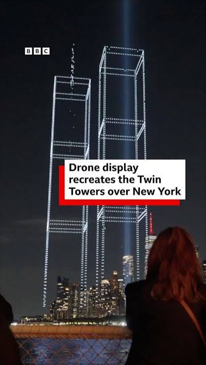 A drone display recreated the Twin Towers over New York City to commemorate the 9/11 attacks in 2001. Organisers say each light of the 2,977 drones used in the display represents someone who was ...