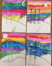 Winter Landscapes By 1st Grade One Day Project Mrs Knight S Smartest Artists Wintercrafts Elemen Winter Art Lesson Elementary Art Projects Kindergarten Art