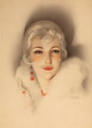 Alberto Vargas, Flapper with White Mink, Red Bead Earrings & Necklace 1928.  Alberto Vargas (American, 1896-1982) was a Peruvian-born painter who is  best known for his pin-up girl paintings. He's considered the