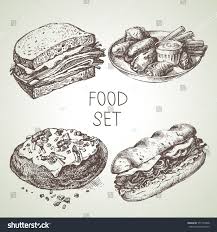 Black And White Sandwich Art Hand Drawn Food Sketch Set Of Steak Sub Sandwich Buffalo Chicken Wings Backed Potato Beef Sandwich Vector Blac Referencia Del Arte Paredes Pintadas Dibujos
