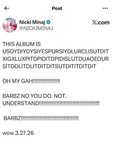 Nicki Minaj in recent tweets on X regarding her new album, “NM6” coming out  on 3.27.26! 💿 • #nickiminaj