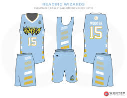 The numerals are navy blue with a white split, reminiscent of the 1977 jerseys. Reading Wizards Blue Yellow White Red Black Custom Basketball Uniforms Jerseys Basketball Uniforms Basketball Uniforms Design Custom Basketball Uniforms