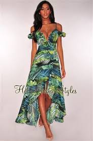 Flow Into Gorgeous Style When You Treat Yourself With This Green Palm Print Plunging Ruffle Padded Night Dress For Women Havana Nights Dress Dress Party Night