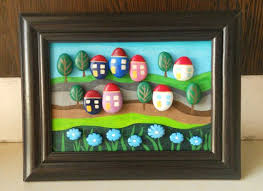 Pebbles Art Colorful Village In Nature Framed Interior Decor Pebble Art Pebble Painting Art Village