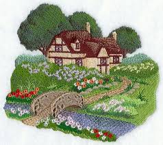 English Cottage Garden Scene Design A8951 From Www Emblibrary Com Machine Embroidery Embroidery Library Machine Embroidery Designs