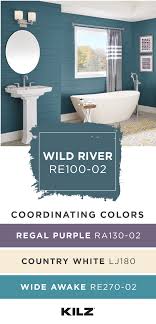 The Dark Blue Hue Of Wild River By Kilz Complete Coat Paint Primer In One Looks Beautiful In T Blue Green Bathrooms Bathroom Colors Blue Rustic Paint Colors