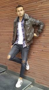 Fall Combo Inspiration With Ripped Gray Denim Jeans White T Shirt Flannel Shirt Olive Gre Stylish Mens Outfits Olive Green Leather Jacket Green Leather Jackets