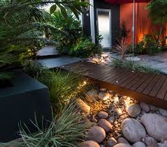For A More Natural Look You Can Use Both River Rocks And Large Rocks Lights Under Rock Garden Design Backyard Landscaping Designs Contemporary Landscape Design