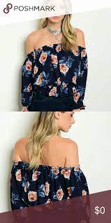 Navy With Flowers Off Shoulder Top 2 Left Off Shoulder Tops Clothes Design Tops