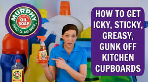 How to clean sticky wood kitchen cabinets. How To Get The Icky Sticky Greasy Gunk Off Kitchen Cupboards Murphy Oil Soap Product Review Youtube