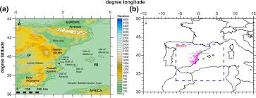 a Terrain map of the Iberian Peninsula (IP) and the Balearic Islands...