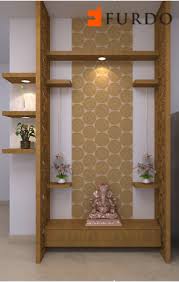 Contemporary Puja Corner With Wooden Rafters Pelmet Light And Wallpaper By Furdo Pooja Room Door Design Pooja Room Design Mandir Design