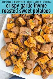 Crispy Garlic Thyme Roasted Sweet Potatoes Recipe Roasted Sweet Potatoes Crispy Sweet Potato Sweet Potato Recipes