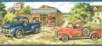 Country Blue Red Pick Up Trucks General Store Farm Wallpaper Border Wall Antique Wallpaper Wallpaper Border Country Blue Country Farm