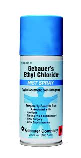 To apply gebauer's ethyl chloride from the aerosol can, hold can upright over the treatment area and depress the valve completely allowing gebauer's ethyl chloride to spray from. Gebauer S Ethyl Chloride Topical Anesthetic Ethyl Chloride Mist Spray Aerosol Can 3 5 Oz Caring Med