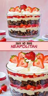 Easy No Bake Neapolitan Cheesecake Trifle Layers Of Chocolate Cakes No Bake Vanilla Cheesecake And Fres Trifle Recipe Cheesecake Trifle Trifle Recipes Easy