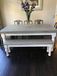 Farmhouse Table With Light Grey Base And Distressed Dark Grey Top 4x4 S And 4x6 S Were Used To Bu Farmhouse Dining Room Refurbished Table Dinning Room Tables