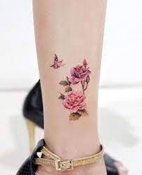 Small Butterfly And Peony Colored Tattoo By Tattooist Ida In Seoul Www Otziapp Com Coloured Rose Tattoo Butterfly Thigh Tattoo Rose And Butterfly Tattoo