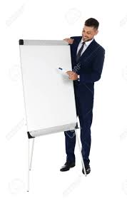 Professional Business Trainer Near Flip Chart Board On White