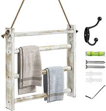 The double pipe rods are sturdy and will give your bathroom or kitchen a rustic, farmhouse feel. Amazon Com Greenstell Towel Rack Wall Hanging Ladder Towel Rack Hand Towel Storage With Rope And Hanging Kits Rustic Wood Farmhouse Decorative Holder For Bathroom Living Room Cloakroom White Large Size Home