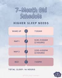 A sleep schedule that works for you and your baby, is the best sleep  schedule. The average sleep needs for 7-months is: Dropping from 3 to 2  naps a day, lasting 60-90