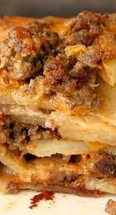 Meat And Potato Casserole With Cream Of Mushroom And Cheddar Cheese Recipes Food Food Dishes