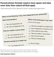 Five methodological components of online survey design and implementation are critical to. Comparing Forced Choice And Select All Online Survey Responses Pew Research Center Methods Pew Research Center