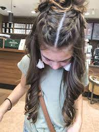 First Day Of School Hairstyle Split Braids With Curly Hair Thick Hair Styles Curly Hair Styles Long Hair Styles
