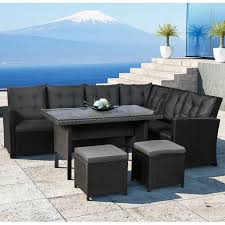 Polyrattan Ess Sitzgruppe Santa Catalina Fur 5 7 Personen Mit Esstisch 2 Hockern In Schwarz Mit Bezugen In Polyrattan Lounges Gartenmobel Sets Sitzgruppe